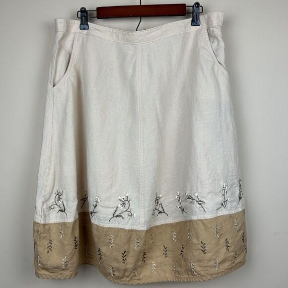 J. Jill Linen Embroidered Beige Skirt Colorblock Pockets Lined Preppy‎ Plus 16 - Picture 1 of 10